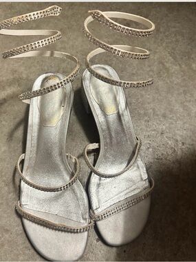 Rene Caovilla Silver Rhinestone Spiral Ankle-Strap Heels Size 40